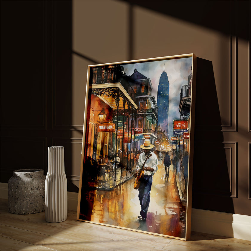 Watercolor digital art of a Black man playing guitar on New Orleans' Bourbon Street at night. The vibrant scene captures the soulful nightlife of The Big Easy, with colorful lights and musical energy filling the street.