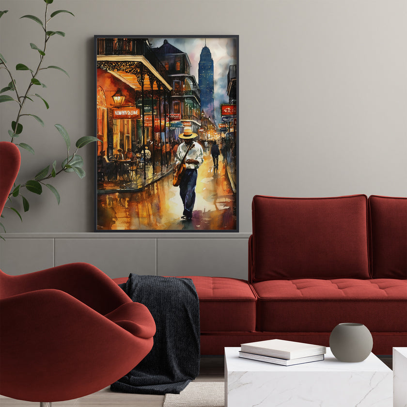 Watercolor digital art of a Black man playing guitar on New Orleans' Bourbon Street at night. The vibrant scene captures the soulful nightlife of The Big Easy, with colorful lights and musical energy filling the street.