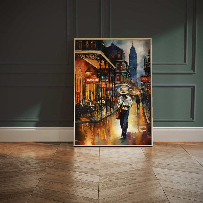 Watercolor digital art of a Black man playing guitar on New Orleans' Bourbon Street at night. The vibrant scene captures the soulful nightlife of The Big Easy, with colorful lights and musical energy filling the street.
