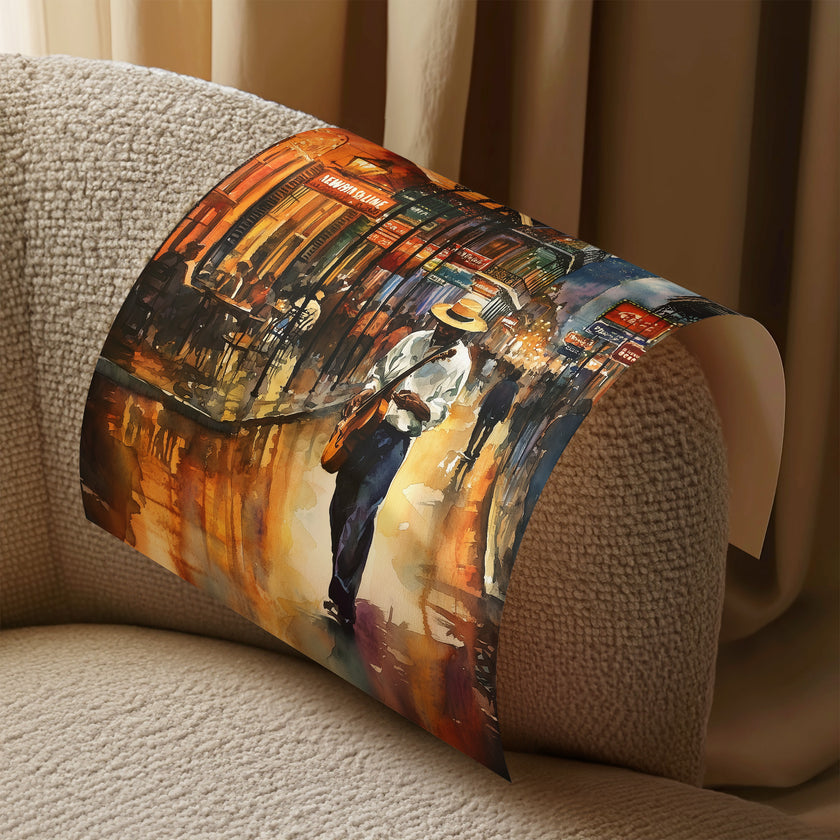 Watercolor digital art of a Black man playing guitar on New Orleans' Bourbon Street at night. The vibrant scene captures the soulful nightlife of The Big Easy, with colorful lights and musical energy filling the street.