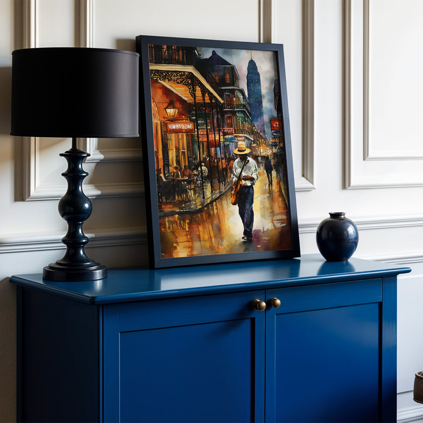 Watercolor digital art of a Black man playing guitar on New Orleans' Bourbon Street at night. The vibrant scene captures the soulful nightlife of The Big Easy, with colorful lights and musical energy filling the street.