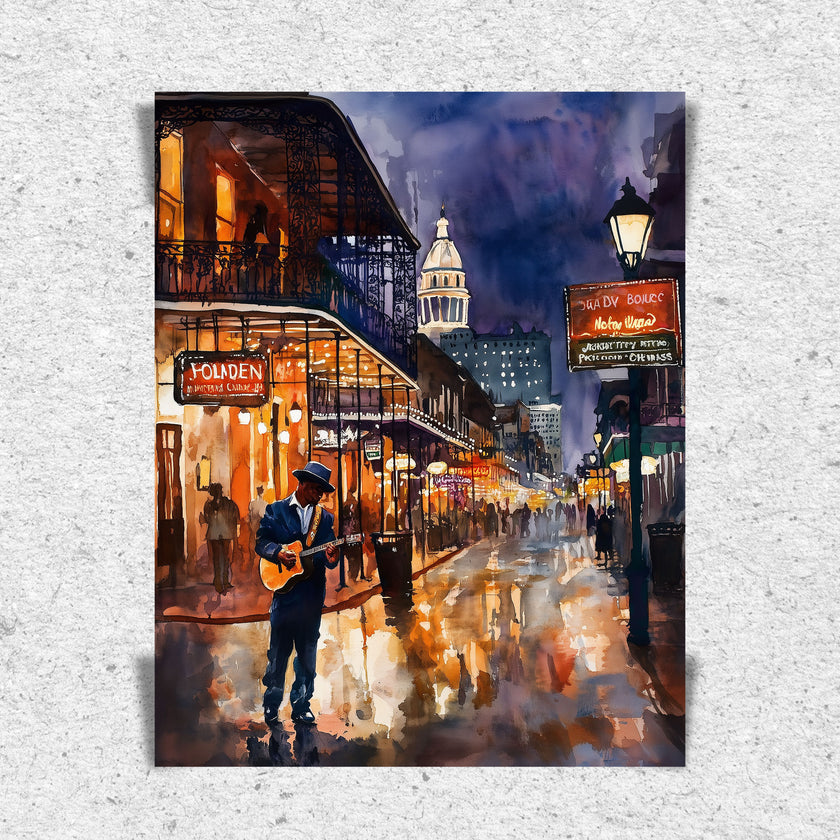 Watercolor digital art of a Black man playing guitar on New Orleans' Bourbon Street at night. The vibrant scene captures the soulful nightlife of The Big Easy, with colorful lights and musical energy filling the street.