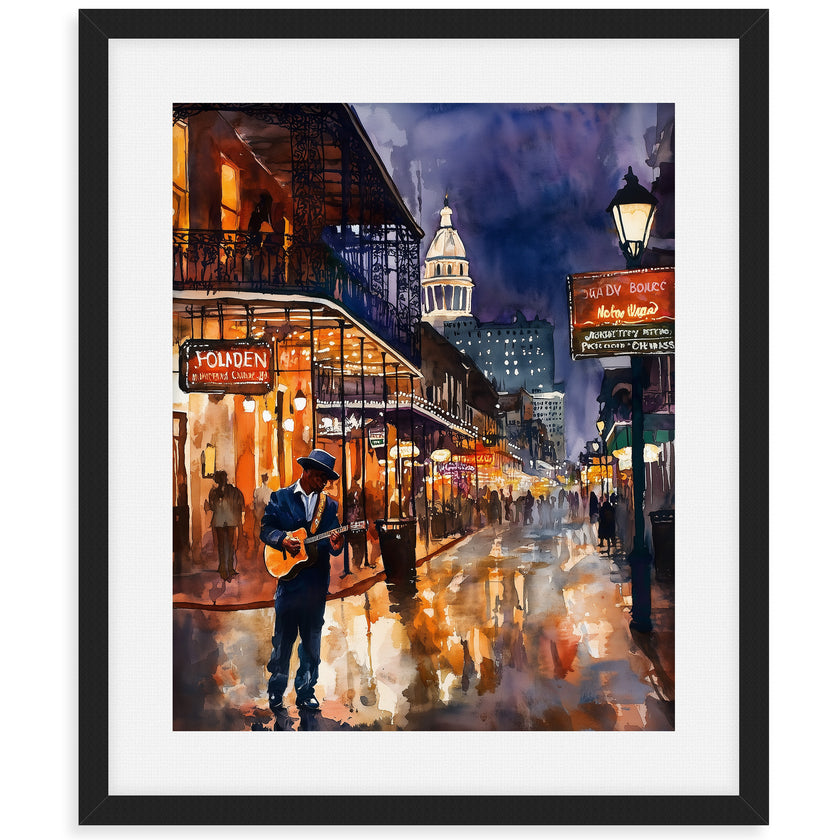 Watercolor digital art of a Black man playing guitar on New Orleans' Bourbon Street at night. The vibrant scene captures the soulful nightlife of The Big Easy, with colorful lights and musical energy filling the street.