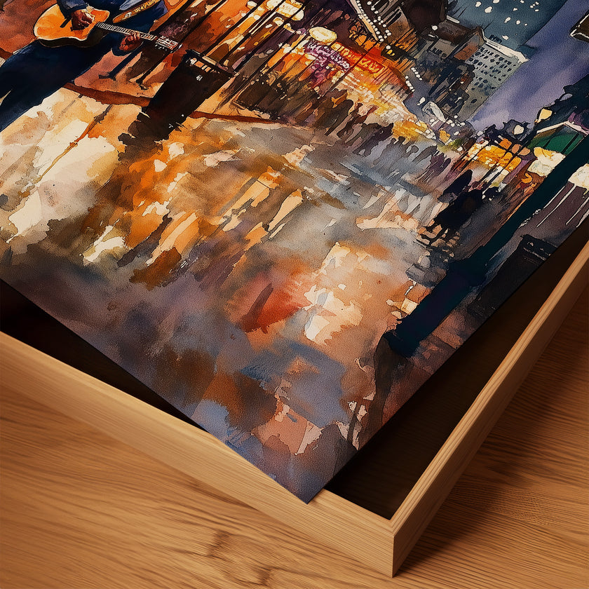 Watercolor digital art of a Black man playing guitar on New Orleans' Bourbon Street at night. The vibrant scene captures the soulful nightlife of The Big Easy, with colorful lights and musical energy filling the street.