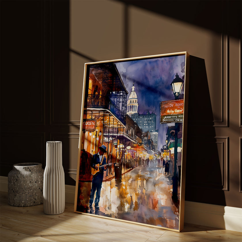 Watercolor digital art of a Black man playing guitar on New Orleans' Bourbon Street at night. The vibrant scene captures the soulful nightlife of The Big Easy, with colorful lights and musical energy filling the street.