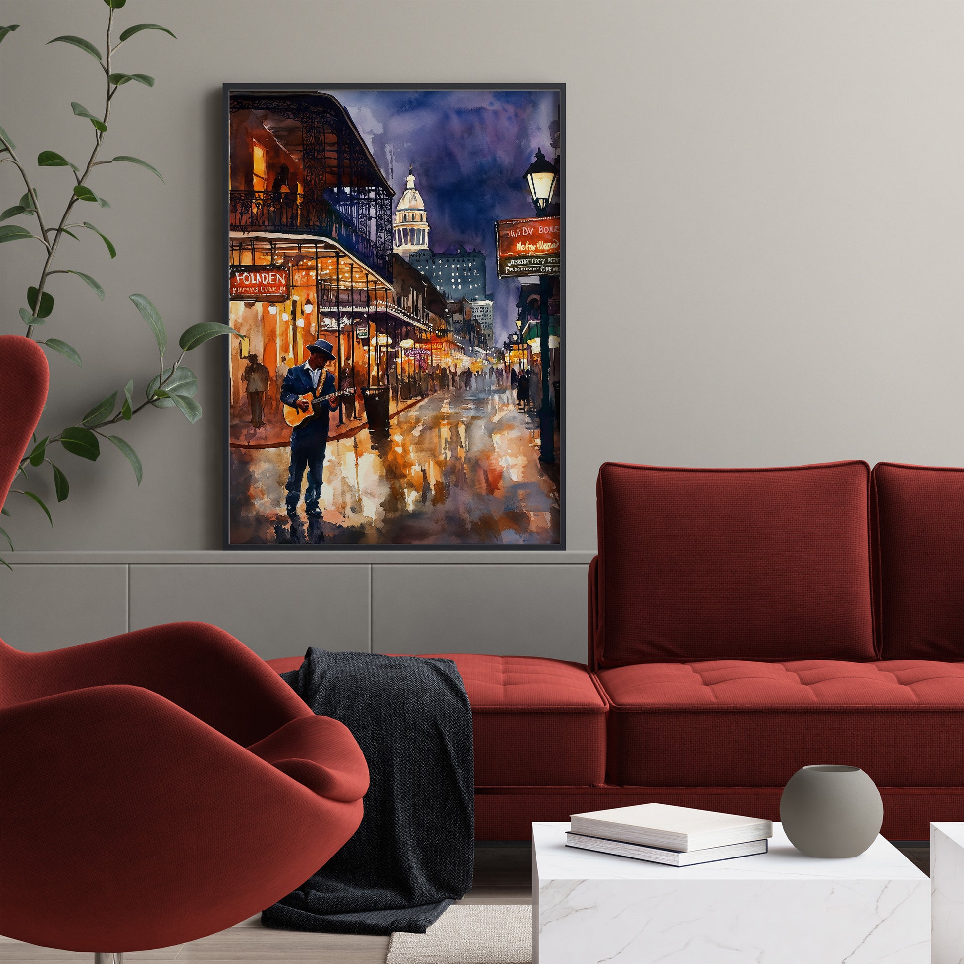 Watercolor digital art of a Black man playing guitar on New Orleans' Bourbon Street at night. The vibrant scene captures the soulful nightlife of The Big Easy, with colorful lights and musical energy filling the street.