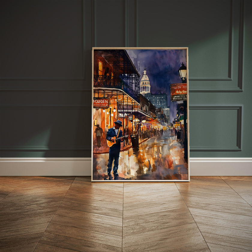 Watercolor digital art of a Black man playing guitar on New Orleans' Bourbon Street at night. The vibrant scene captures the soulful nightlife of The Big Easy, with colorful lights and musical energy filling the street.