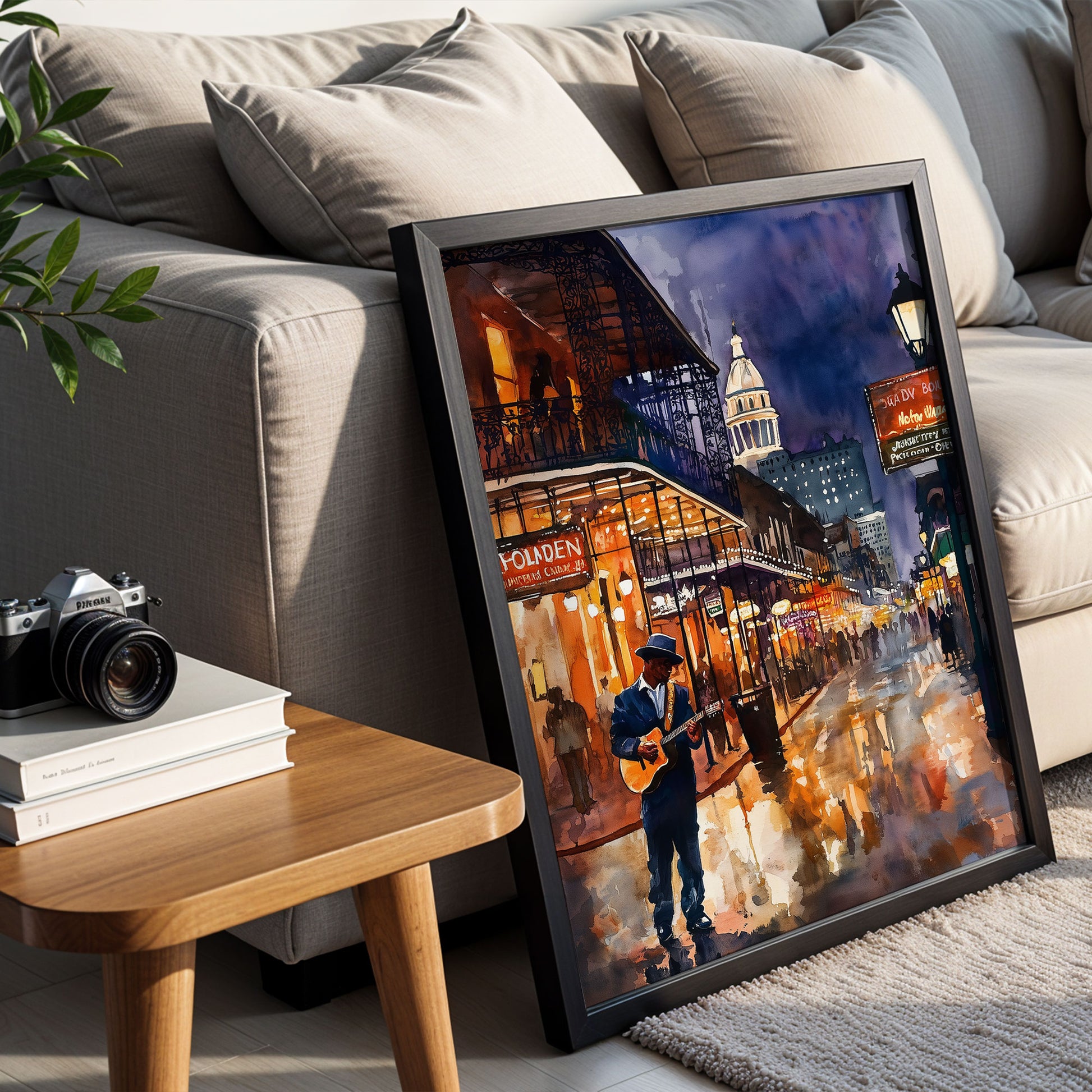 Watercolor digital art of a Black man playing guitar on New Orleans' Bourbon Street at night. The vibrant scene captures the soulful nightlife of The Big Easy, with colorful lights and musical energy filling the street.