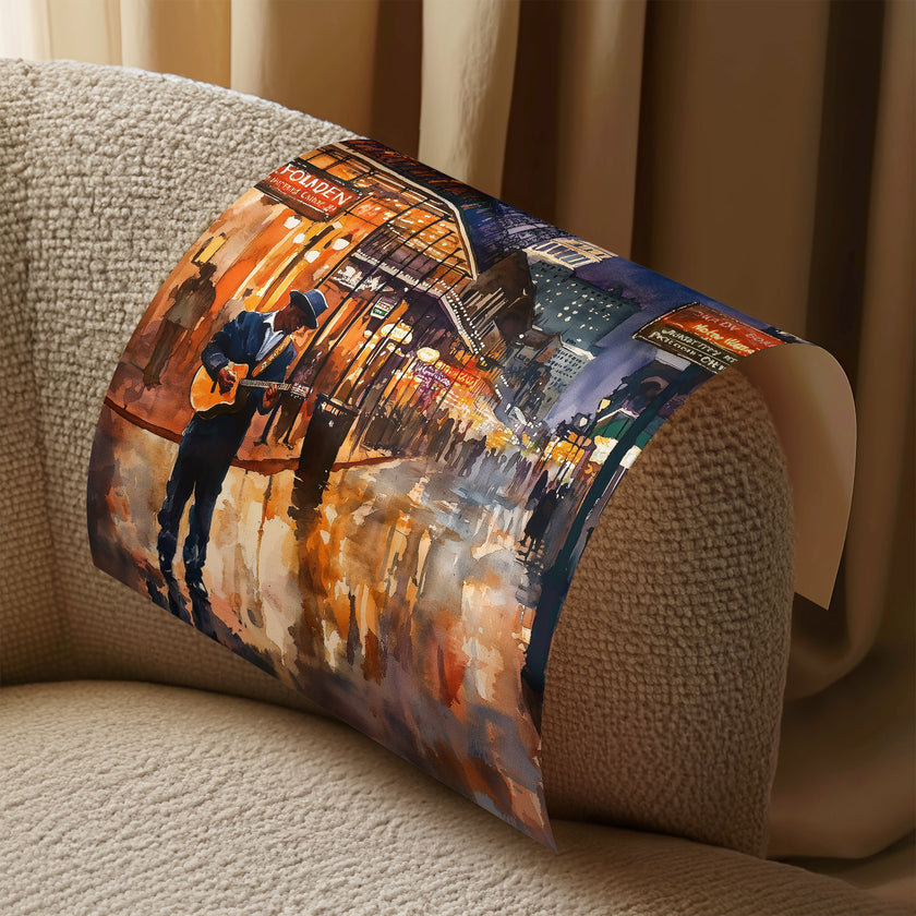 Watercolor digital art of a Black man playing guitar on New Orleans' Bourbon Street at night. The vibrant scene captures the soulful nightlife of The Big Easy, with colorful lights and musical energy filling the street.