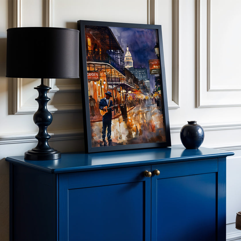 Watercolor digital art of a Black man playing guitar on New Orleans' Bourbon Street at night. The vibrant scene captures the soulful nightlife of The Big Easy, with colorful lights and musical energy filling the street.