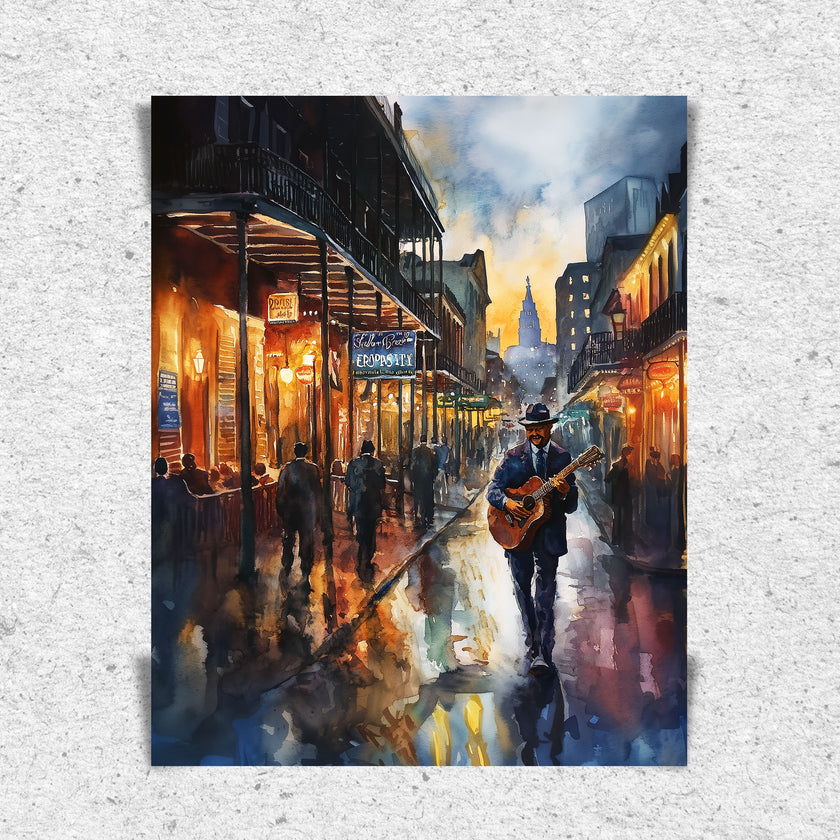 Watercolor digital art of a Black man playing guitar on New Orleans' Bourbon Street at night. The vibrant scene captures the soulful nightlife of The Big Easy, with colorful lights and musical energy filling the street.