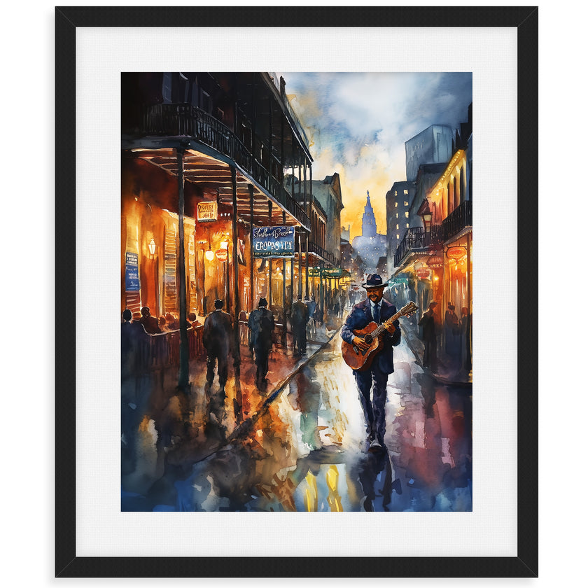 Watercolor digital art of a Black man playing guitar on New Orleans' Bourbon Street at night. The vibrant scene captures the soulful nightlife of The Big Easy, with colorful lights and musical energy filling the street.