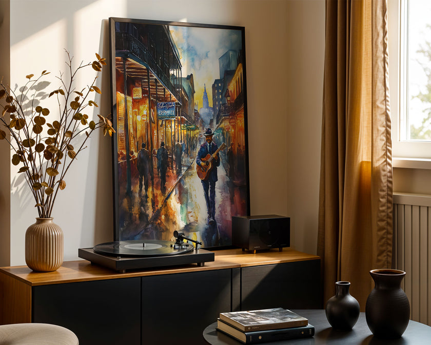 Watercolor digital art of a Black man playing guitar on New Orleans' Bourbon Street at night. The vibrant scene captures the soulful nightlife of The Big Easy, with colorful lights and musical energy filling the street.