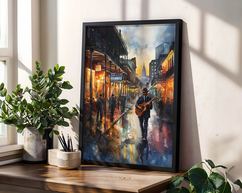Watercolor digital art of a Black man playing guitar on New Orleans' Bourbon Street at night. The vibrant scene captures the soulful nightlife of The Big Easy, with colorful lights and musical energy filling the street.