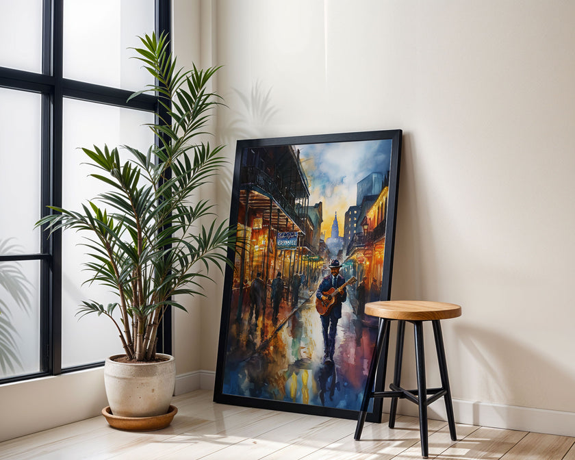 Watercolor digital art of a Black man playing guitar on New Orleans' Bourbon Street at night. The vibrant scene captures the soulful nightlife of The Big Easy, with colorful lights and musical energy filling the street.