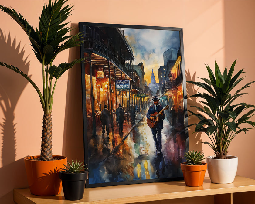 Watercolor digital art of a Black man playing guitar on New Orleans' Bourbon Street at night. The vibrant scene captures the soulful nightlife of The Big Easy, with colorful lights and musical energy filling the street.