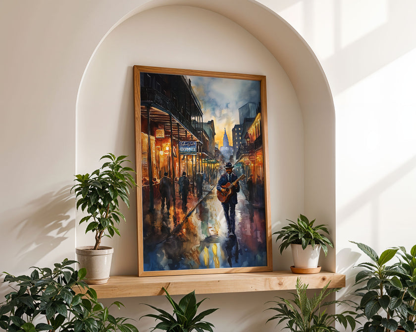 Watercolor digital art of a Black man playing guitar on New Orleans' Bourbon Street at night. The vibrant scene captures the soulful nightlife of The Big Easy, with colorful lights and musical energy filling the street.