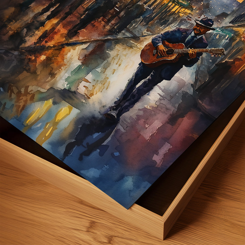 Watercolor digital art of a Black man playing guitar on New Orleans' Bourbon Street at night. The vibrant scene captures the soulful nightlife of The Big Easy, with colorful lights and musical energy filling the street.