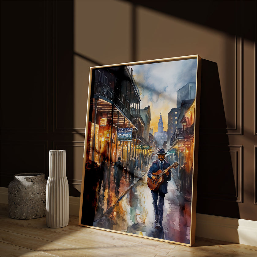 Watercolor digital art of a Black man playing guitar on New Orleans' Bourbon Street at night. The vibrant scene captures the soulful nightlife of The Big Easy, with colorful lights and musical energy filling the street.