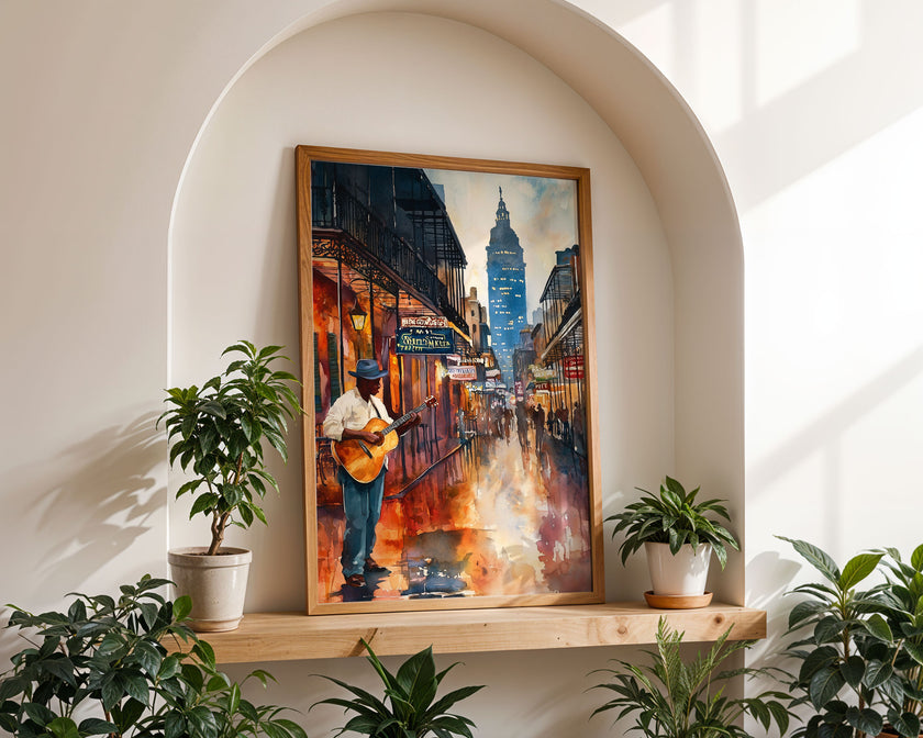 New Orleans The Big Easy Art Print Bourbon Street - Black Man Guitar Player