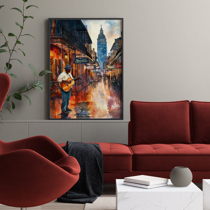 New Orleans The Big Easy Art Print Bourbon Street - Black Man Guitar Player