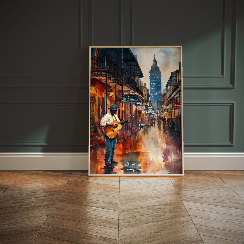 New Orleans The Big Easy Art Print Bourbon Street - Black Man Guitar Player