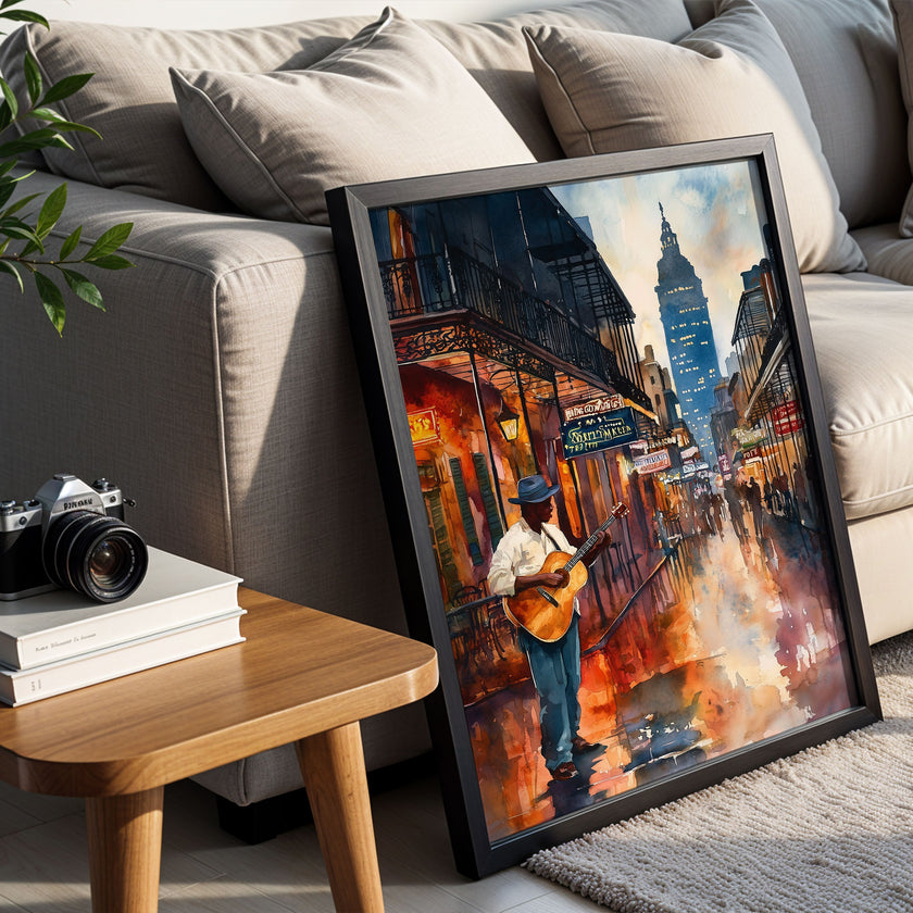 New Orleans The Big Easy Art Print Bourbon Street - Black Man Guitar Player