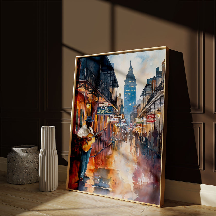 New Orleans The Big Easy Art Print Bourbon Street - Black Man Guitar Player