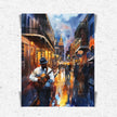 Watercolor digital art of a Black man playing guitar on New Orleans' Bourbon Street at night. The vibrant scene captures the soulful nightlife of The Big Easy, with colorful lights and musical energy filling the street.