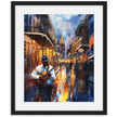 Watercolor digital art of a Black man playing guitar on New Orleans' Bourbon Street at night. The vibrant scene captures the soulful nightlife of The Big Easy, with colorful lights and musical energy filling the street.