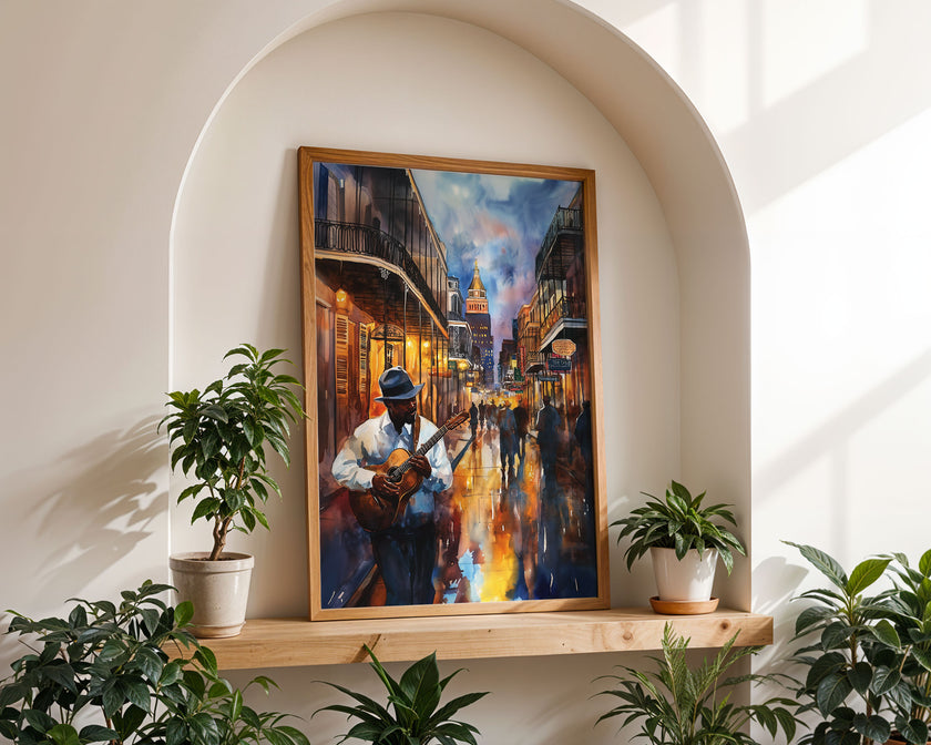 Watercolor digital art of a Black man playing guitar on New Orleans' Bourbon Street at night. The vibrant scene captures the soulful nightlife of The Big Easy, with colorful lights and musical energy filling the street.