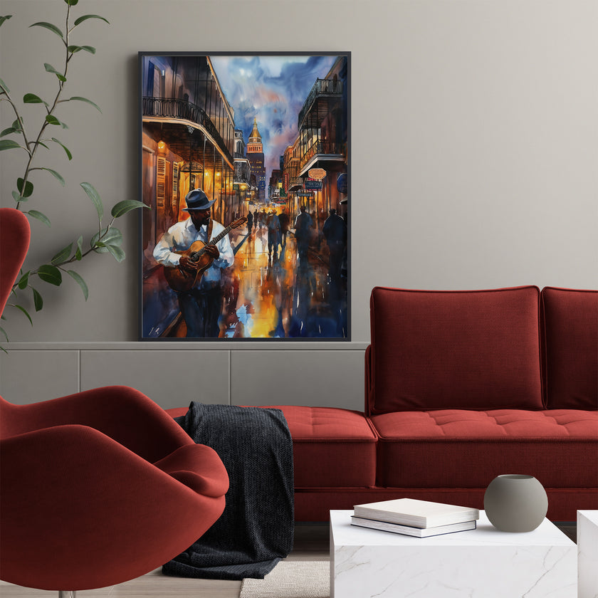Watercolor digital art of a Black man playing guitar on New Orleans' Bourbon Street at night. The vibrant scene captures the soulful nightlife of The Big Easy, with colorful lights and musical energy filling the street.