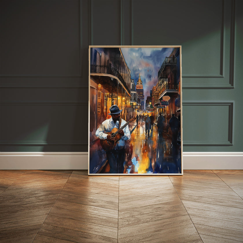 Watercolor digital art of a Black man playing guitar on New Orleans' Bourbon Street at night. The vibrant scene captures the soulful nightlife of The Big Easy, with colorful lights and musical energy filling the street.
