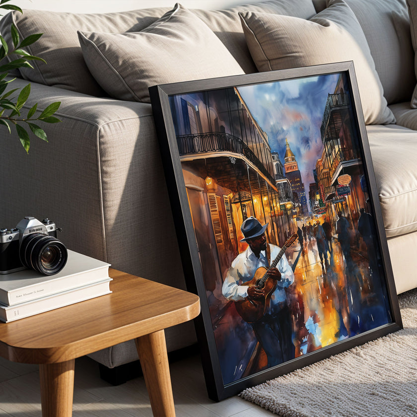 Watercolor digital art of a Black man playing guitar on New Orleans' Bourbon Street at night. The vibrant scene captures the soulful nightlife of The Big Easy, with colorful lights and musical energy filling the street.