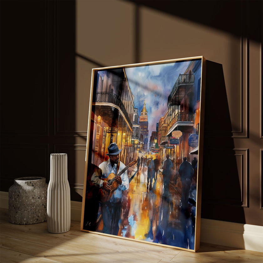 Watercolor digital art of a Black man playing guitar on New Orleans' Bourbon Street at night. The vibrant scene captures the soulful nightlife of The Big Easy, with colorful lights and musical energy filling the street.