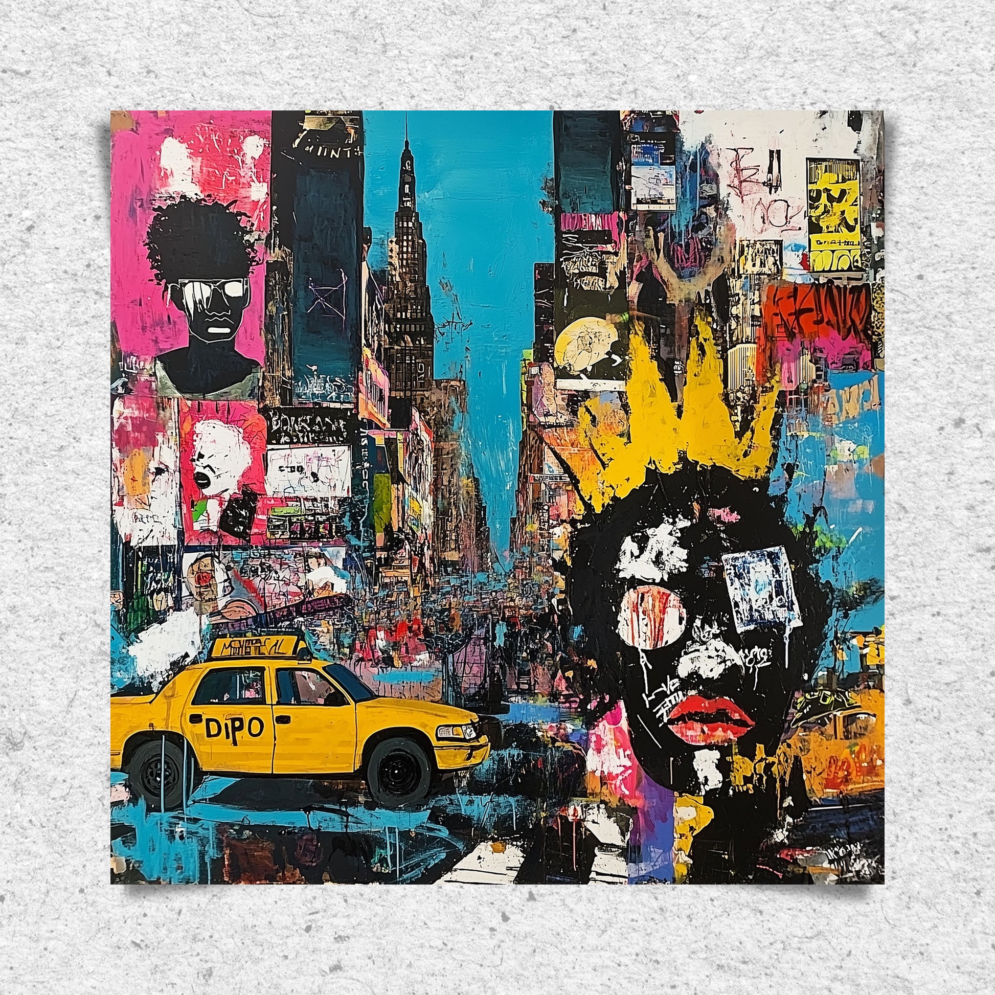 Graffiti-style digital art print of Manhattan, New York City, featuring iconic yellow taxis against a gritty, abstract city landscape with urban textures and bold street art elements.