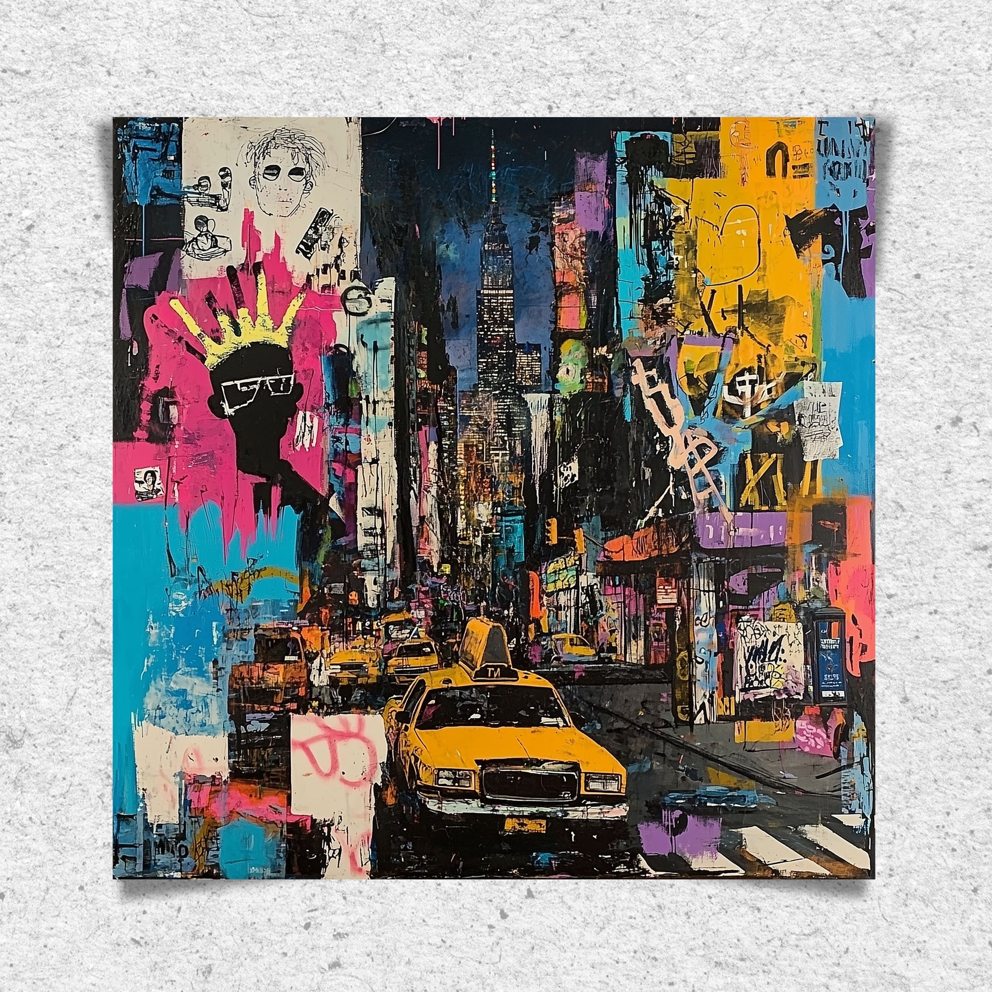 Urban cityscape art print featuring Manhattan yellow taxis in an abstract graffiti style. Showcases iconic NYC cabs set against a gritty, textured New York City backdrop, capturing the energy of urban life.