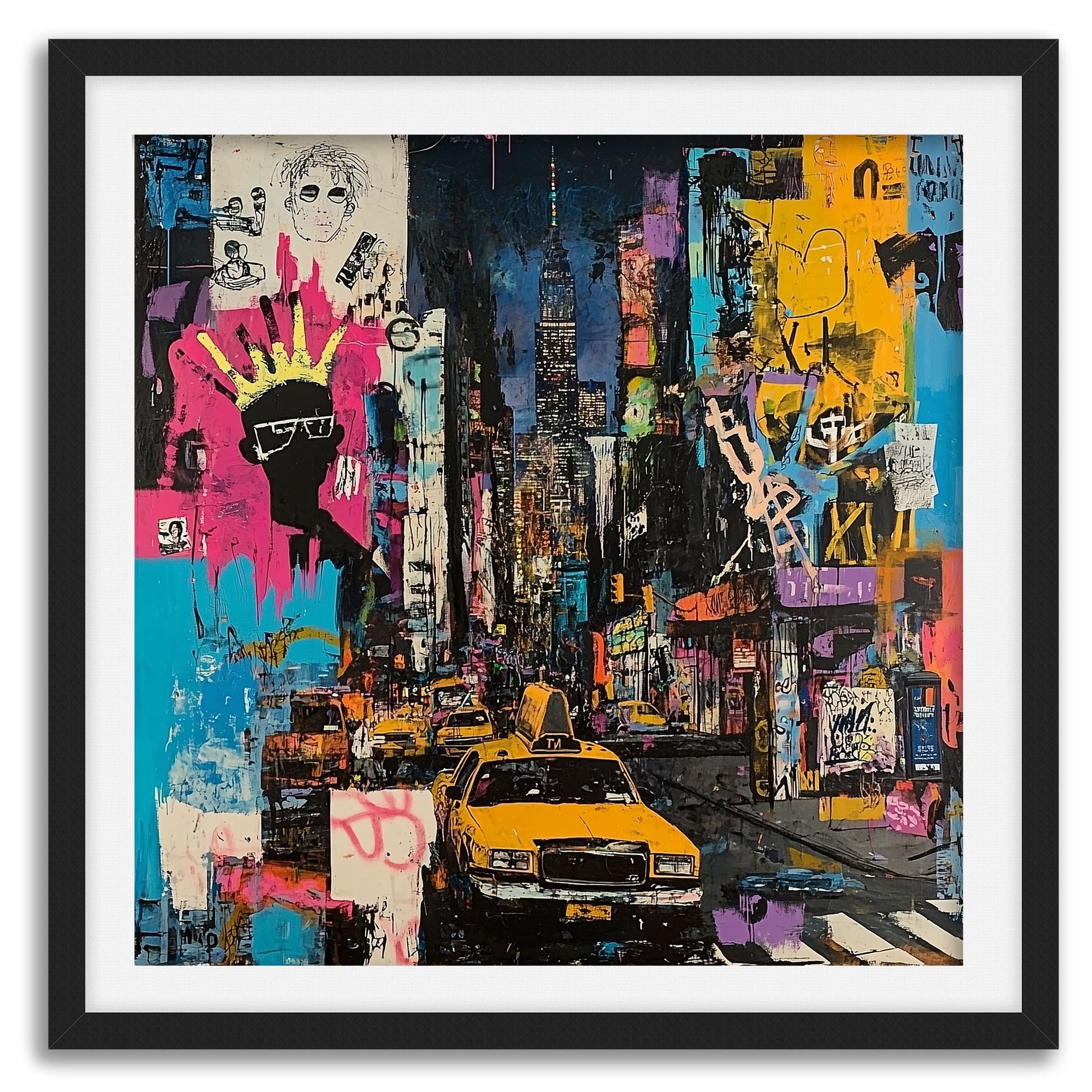 Urban cityscape art print featuring Manhattan yellow taxis in an abstract graffiti style. Showcases iconic NYC cabs set against a gritty, textured New York City backdrop, capturing the energy of urban life.