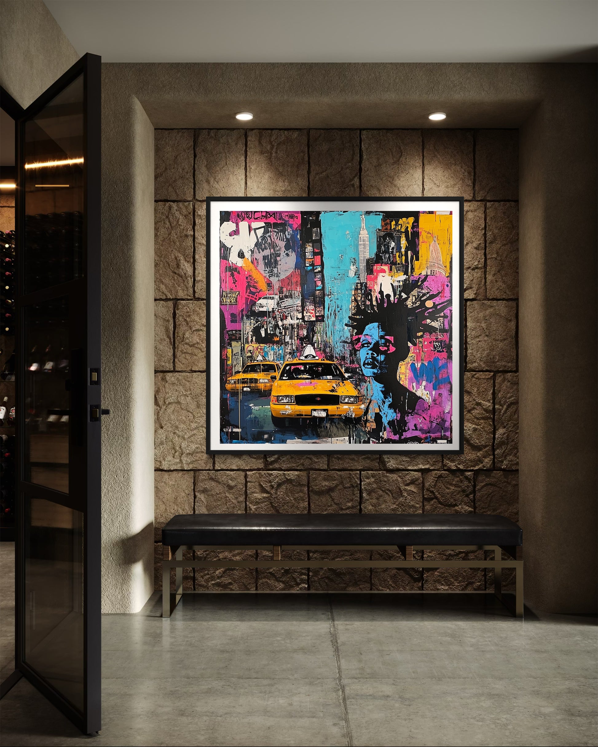 Abstract graffiti-style art print featuring iconic Manhattan yellow taxis against a gritty New York City landscape. A bold NYC wall art piece capturing the energy and movement of urban life.