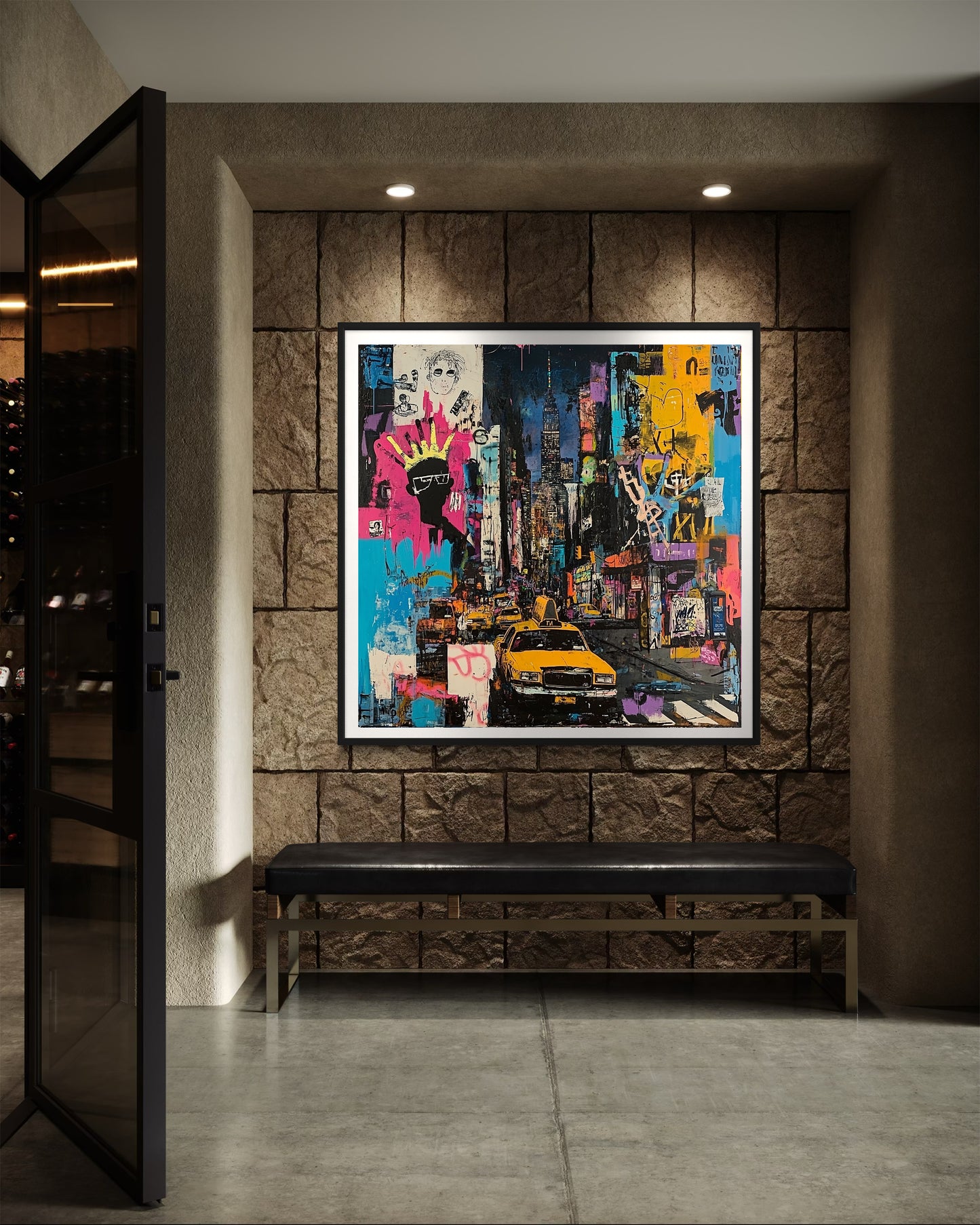 Urban cityscape art print featuring Manhattan yellow taxis in an abstract graffiti style. Showcases iconic NYC cabs set against a gritty, textured New York City backdrop, capturing the energy of urban life.