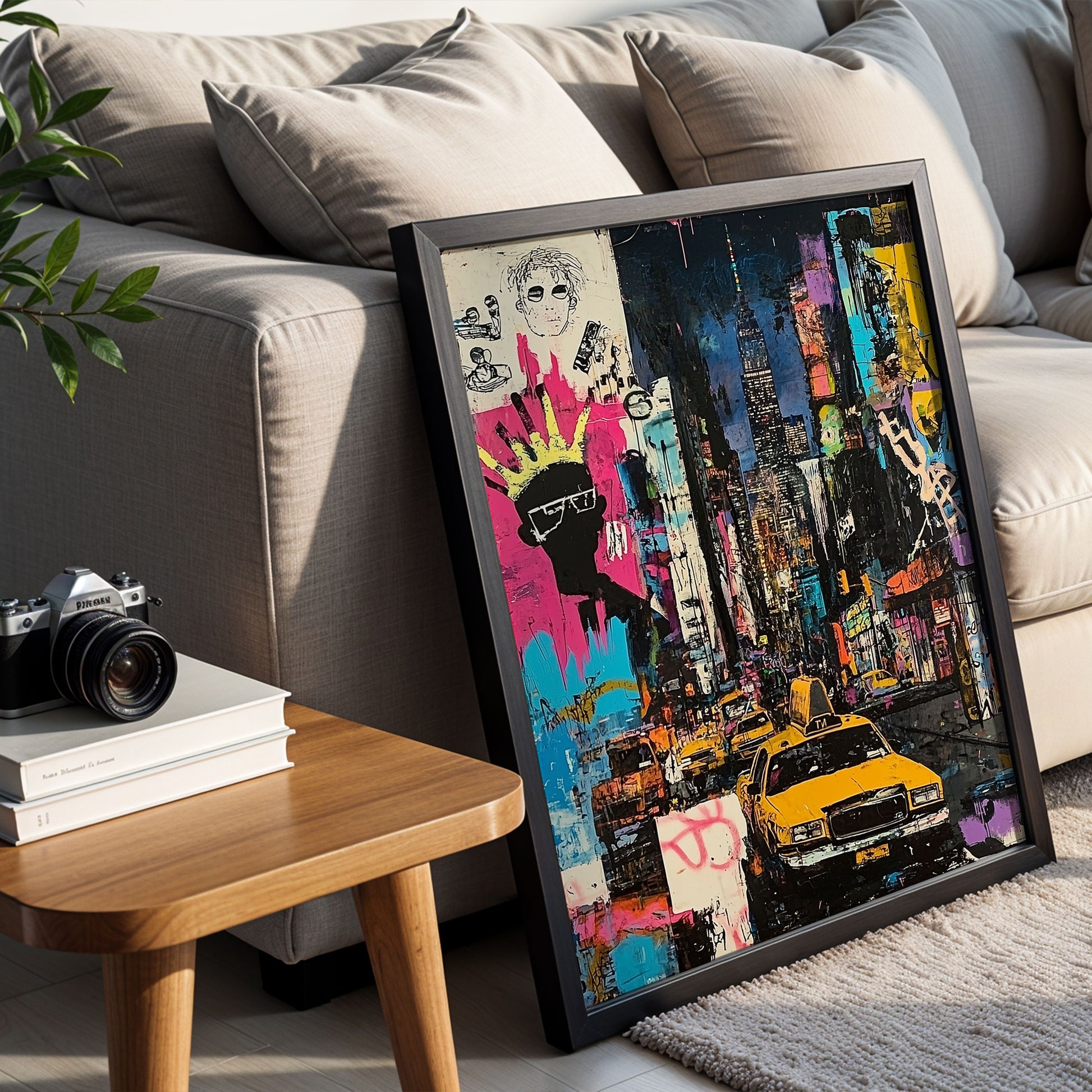 Urban cityscape art print featuring Manhattan yellow taxis in an abstract graffiti style. Showcases iconic NYC cabs set against a gritty, textured New York City backdrop, capturing the energy of urban life.