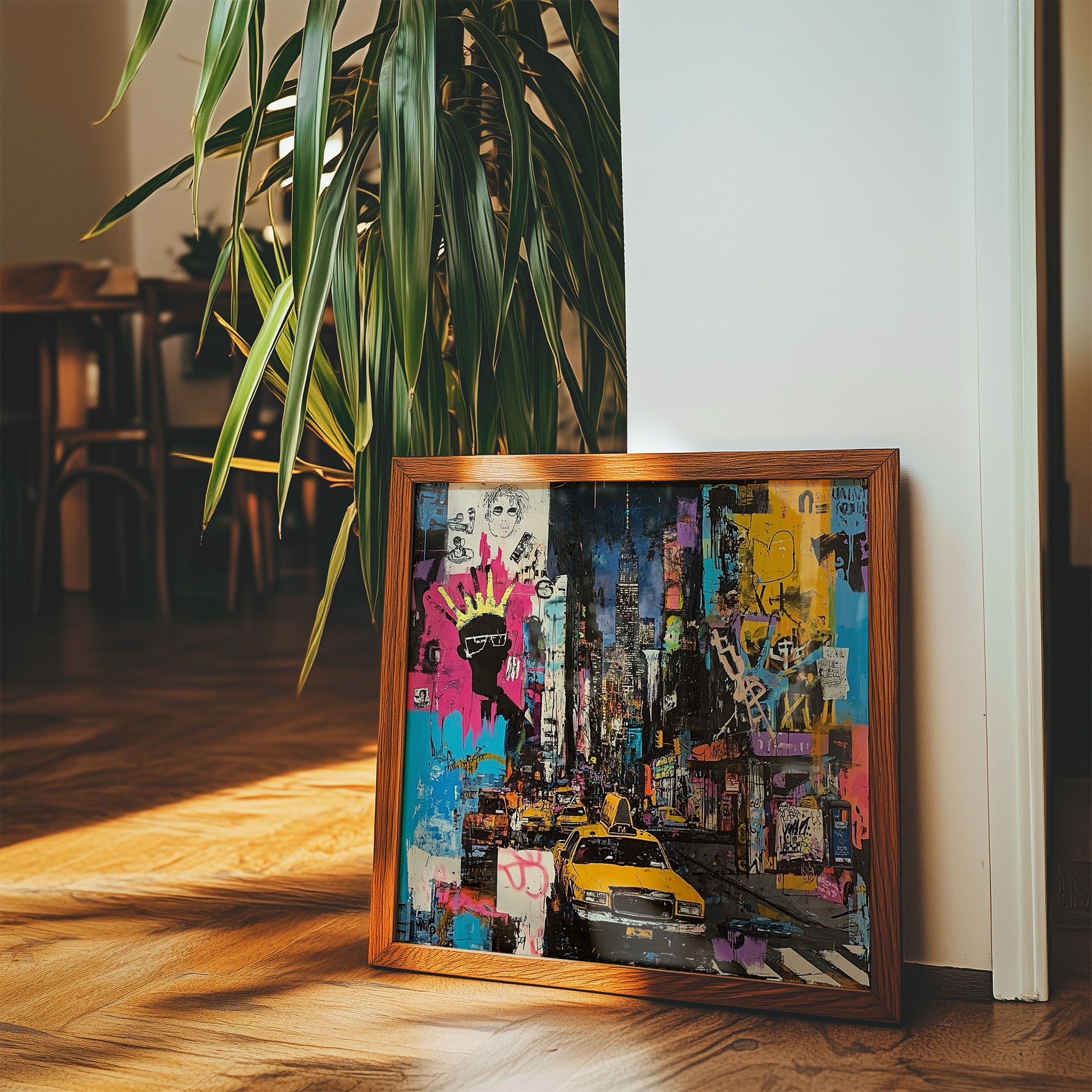 Urban cityscape art print featuring Manhattan yellow taxis in an abstract graffiti style. Showcases iconic NYC cabs set against a gritty, textured New York City backdrop, capturing the energy of urban life.