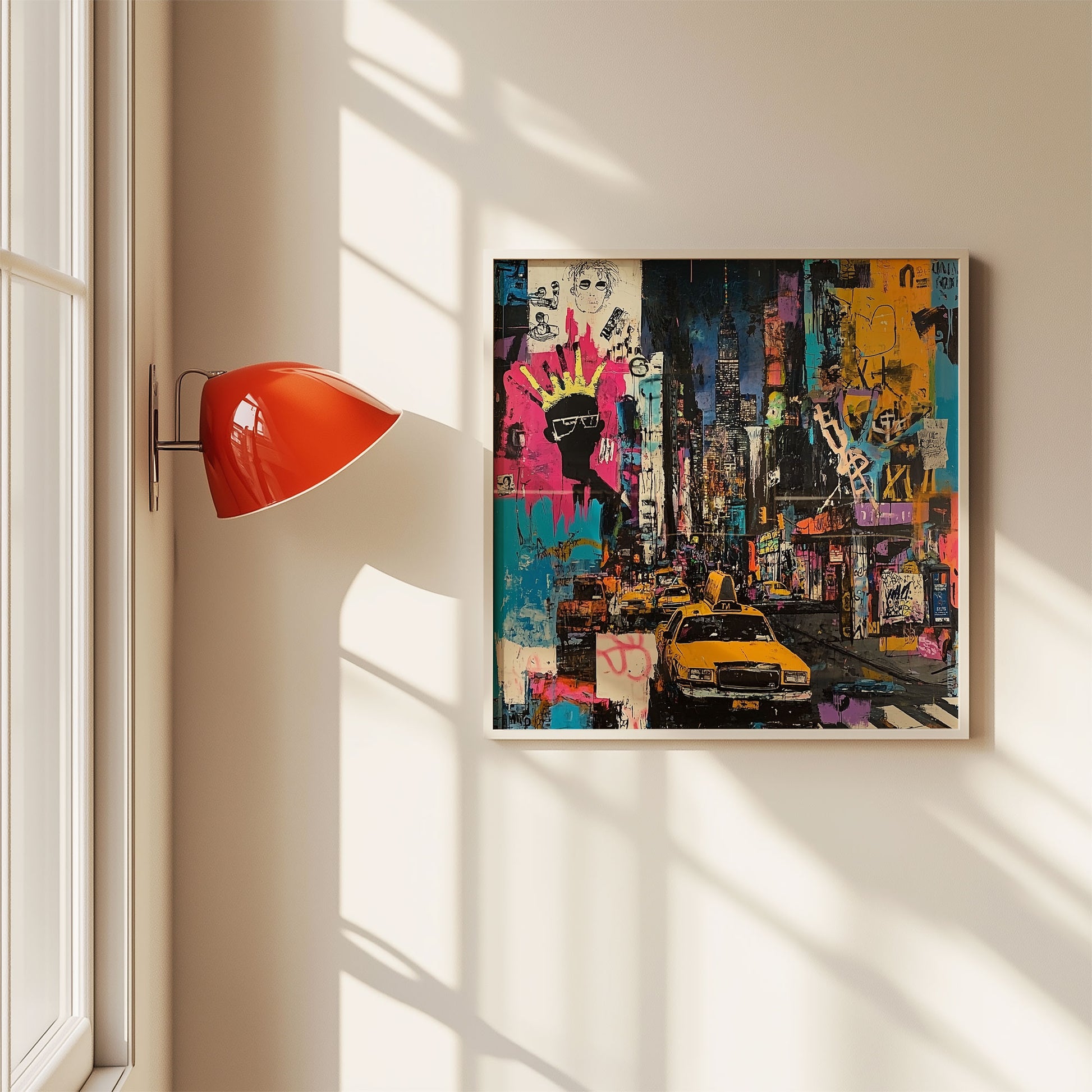 Urban cityscape art print featuring Manhattan yellow taxis in an abstract graffiti style. Showcases iconic NYC cabs set against a gritty, textured New York City backdrop, capturing the energy of urban life.
