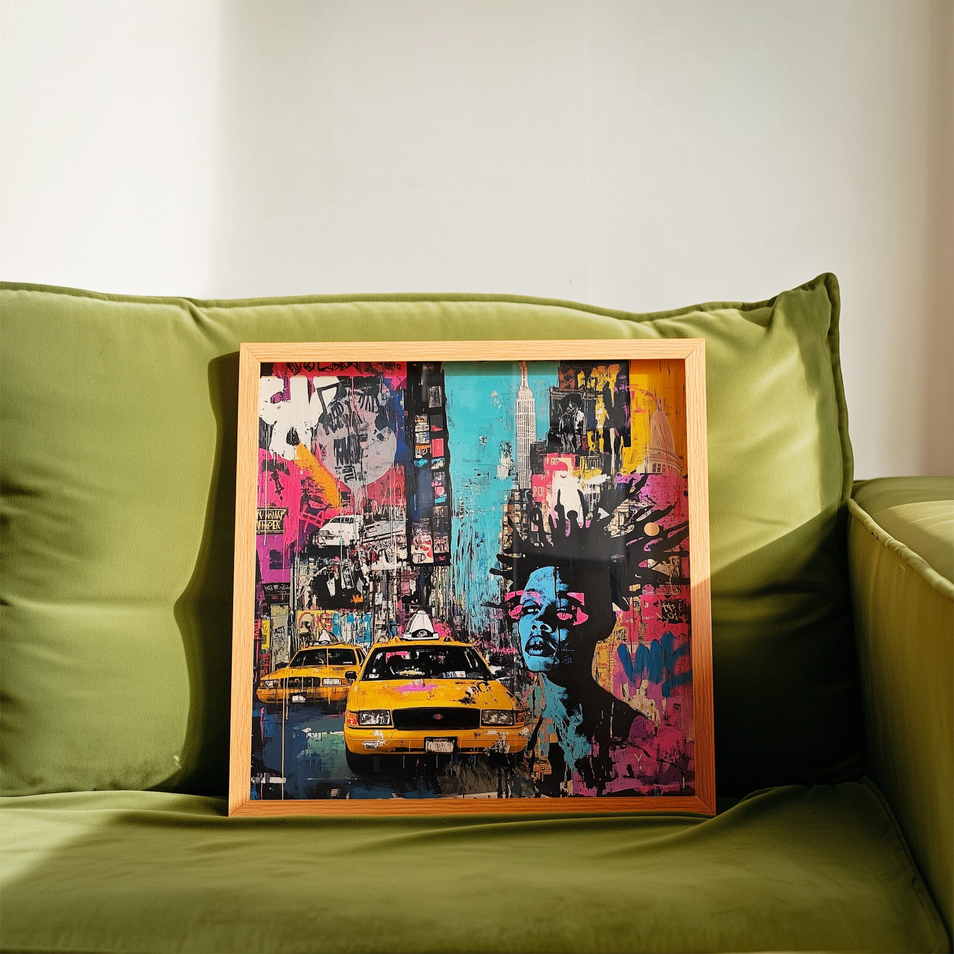 Abstract graffiti-style art print featuring iconic Manhattan yellow taxis against a gritty New York City landscape. A bold NYC wall art piece capturing the energy and movement of urban life.