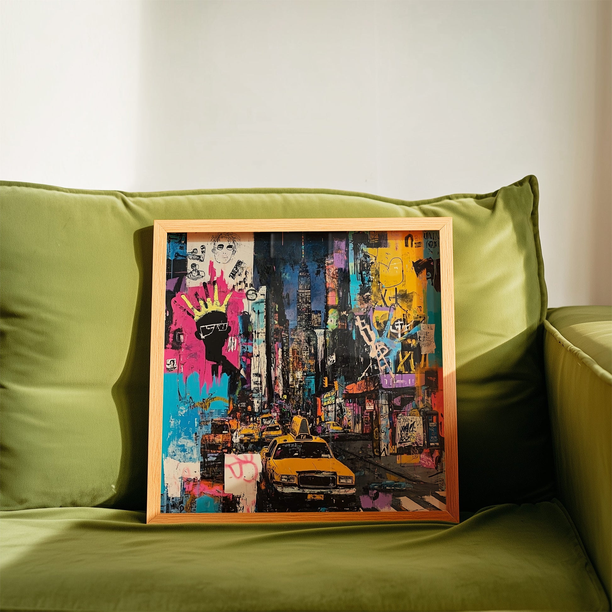 Urban cityscape art print featuring Manhattan yellow taxis in an abstract graffiti style. Showcases iconic NYC cabs set against a gritty, textured New York City backdrop, capturing the energy of urban life.