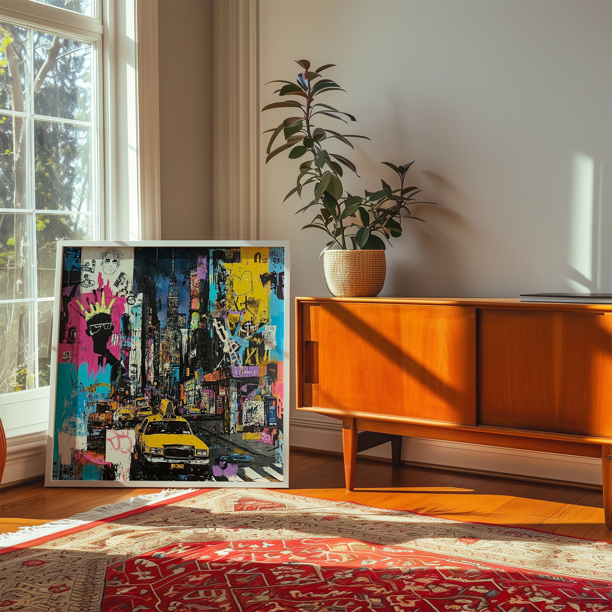 Urban cityscape art print featuring Manhattan yellow taxis in an abstract graffiti style. Showcases iconic NYC cabs set against a gritty, textured New York City backdrop, capturing the energy of urban life.