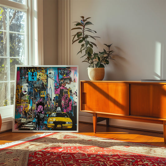 Art print featuring Manhattan yellow taxis in a graffiti-inspired abstract cityscape. Showcases iconic NYC cabs against a gritty urban New York backdrop, perfect for modern wall decor.