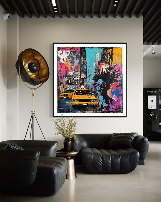 Abstract graffiti-style art print featuring iconic Manhattan yellow taxis against a gritty New York City landscape. A bold NYC wall art piece capturing the energy and movement of urban life.