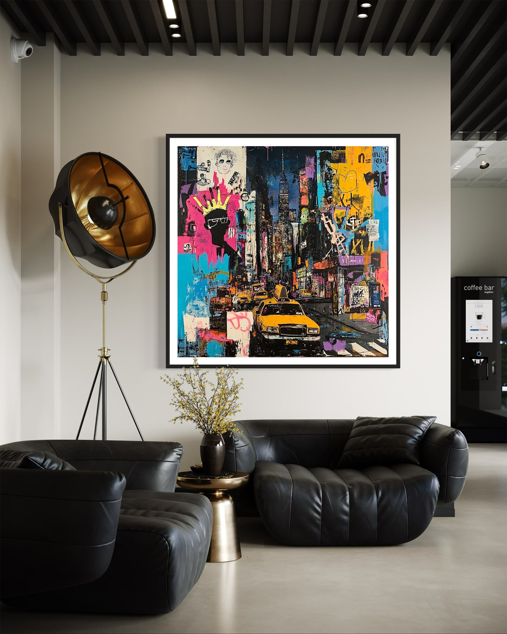 Urban cityscape art print featuring Manhattan yellow taxis in an abstract graffiti style. Showcases iconic NYC cabs set against a gritty, textured New York City backdrop, capturing the energy of urban life.
