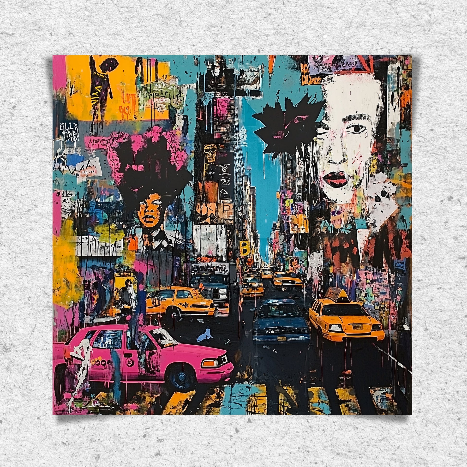 Art print featuring Manhattan yellow taxis in a graffiti-inspired abstract cityscape. Showcases iconic NYC cabs against a gritty urban New York backdrop, perfect for modern wall decor.